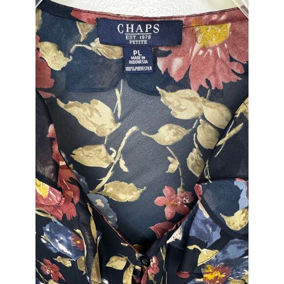 CHAPS floral button up blouse PETITE LARGE semi sheer peplum v neck cap sleeve - Picture 3 of 10